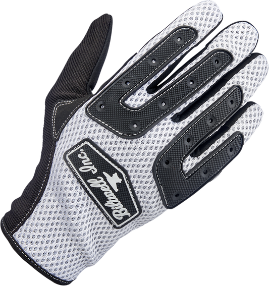 White BILTWELL Anza gloves in large size, featuring durable leather construction and secure wrist closure.