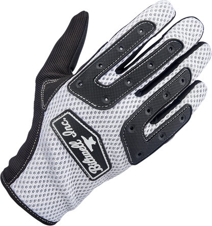 White BILTWELL Anza gloves in 2XL size, showing the textured leather surface and secure wrist strap design.