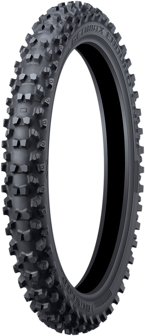 Dunlop Geomax EN91 front off-road motorcycle tire 90/90-21 54R mounted on motorcycle wheel, tread pattern visible for off-road riding.