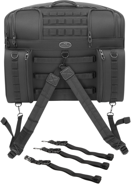 Bill's Exhausts SADDLEMEN Tactical Backrest Bag seat, black motorcycle seat with tactical design and sturdy backrest support.