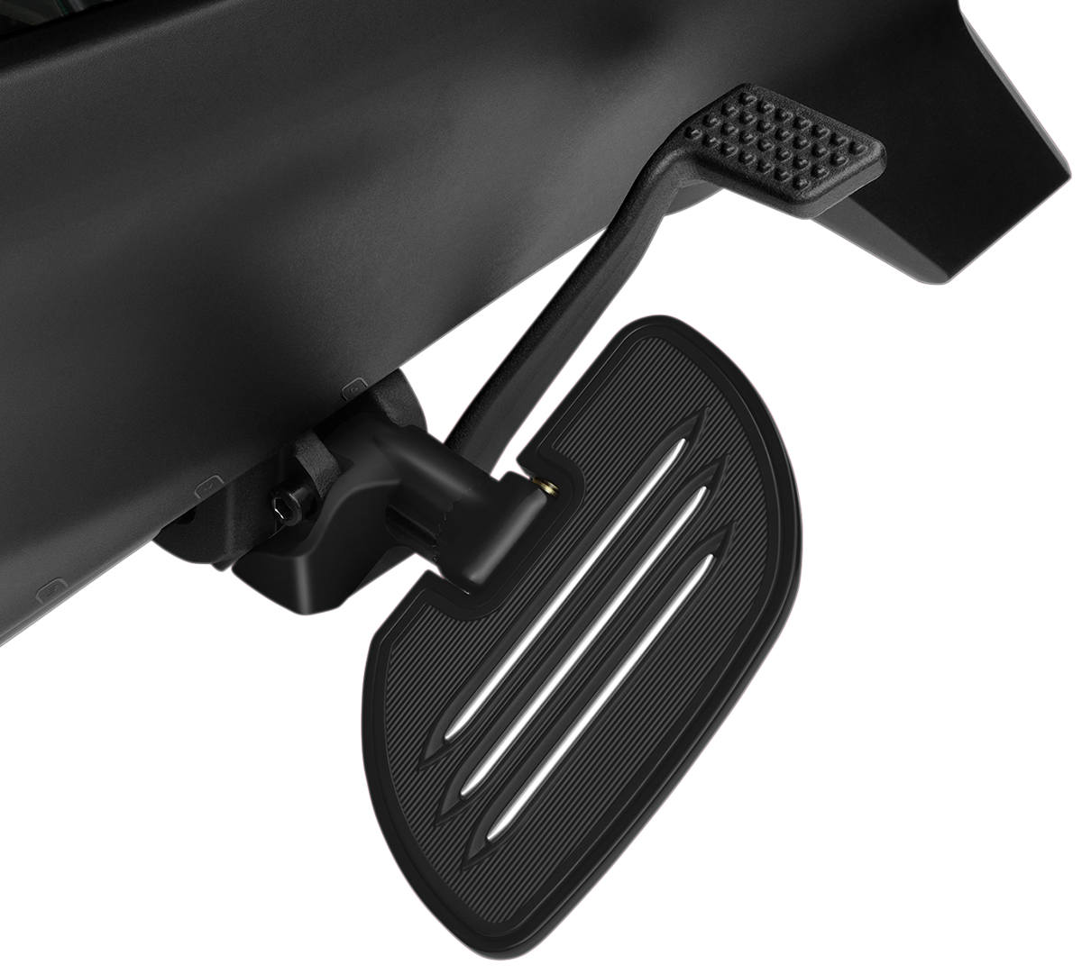 Black Show Chrome driver floorboards for Ryker, engine accessories from Bill's Exhausts, shown with detailed mounting features.