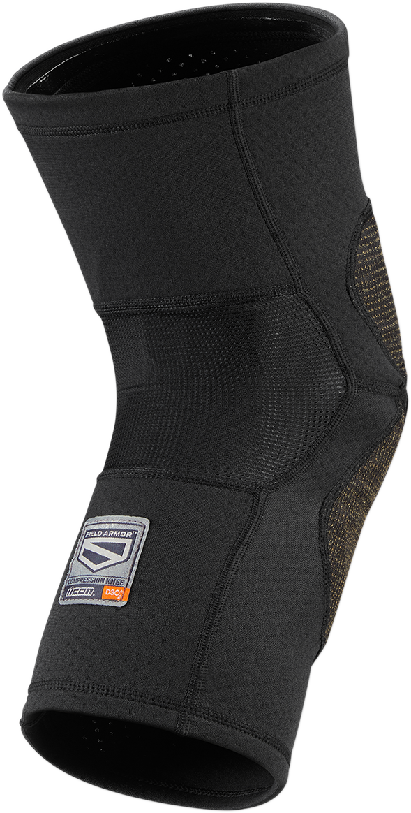 Black ICON Field Armor™ compression knee guards in medium size with reinforced padding and adjustable straps.