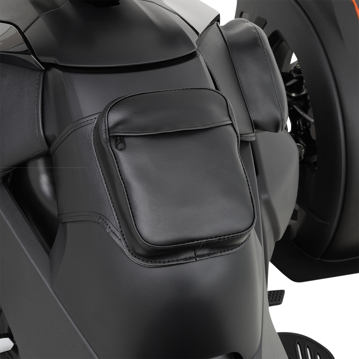 Bill's Exhausts SHOW CHROME Gas Tank Storage Pouch for Ryker H40-402BK, engine-mounted black leather pouch with chrome accents