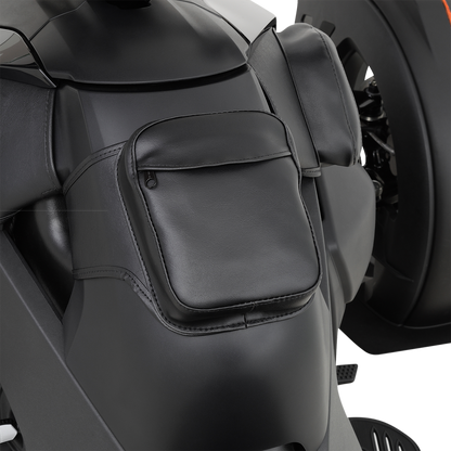 Bill's Exhausts SHOW CHROME Gas Tank Storage Pouch for Ryker H40-402BK, engine-mounted black leather pouch with chrome accents