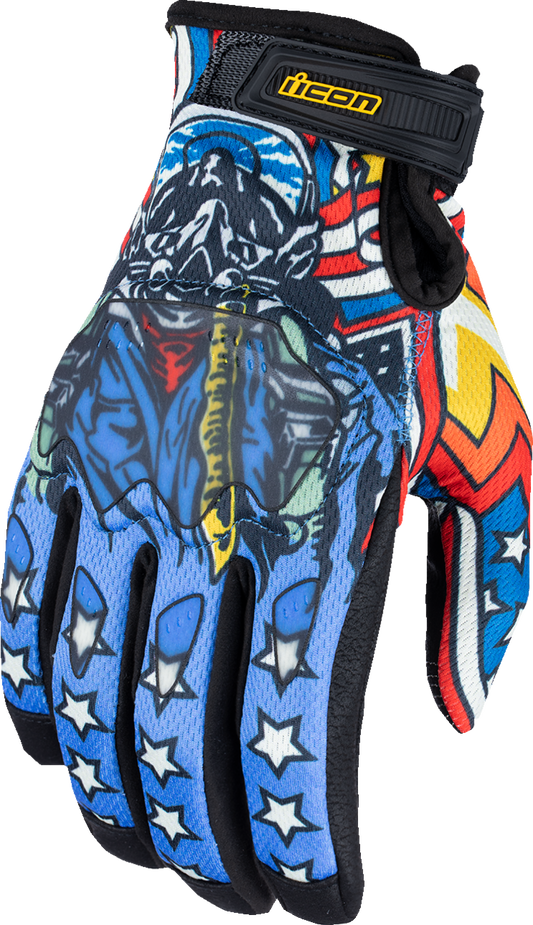 Blue ICON Hooligan™ CE Flyboy gloves in small size, featuring protective design and breathable material.