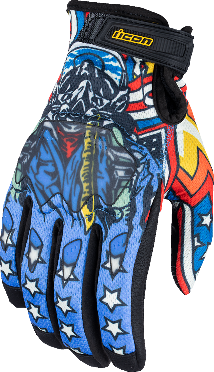 Bill's Exhausts ICON Hooligan CE Flyboy Gloves in blue, XL size, showing detailed textured leather and reinforced knuckles.