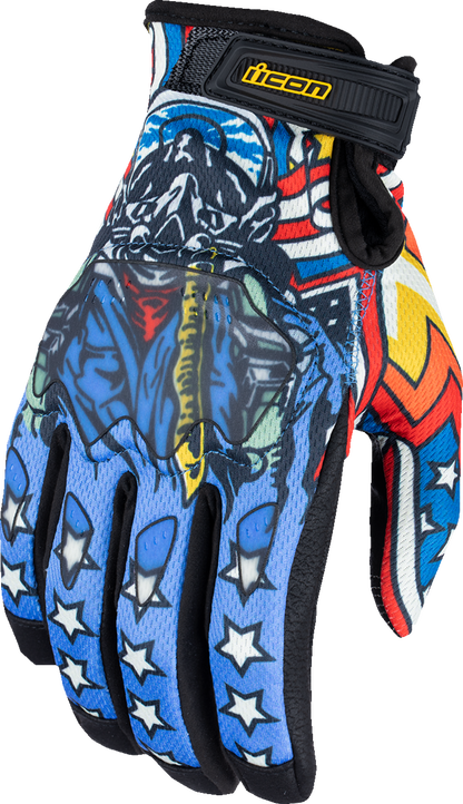 Bill's Exhausts ICON Hooligan CE Flyboy Gloves in blue, XL size, showing detailed textured leather and reinforced knuckles.