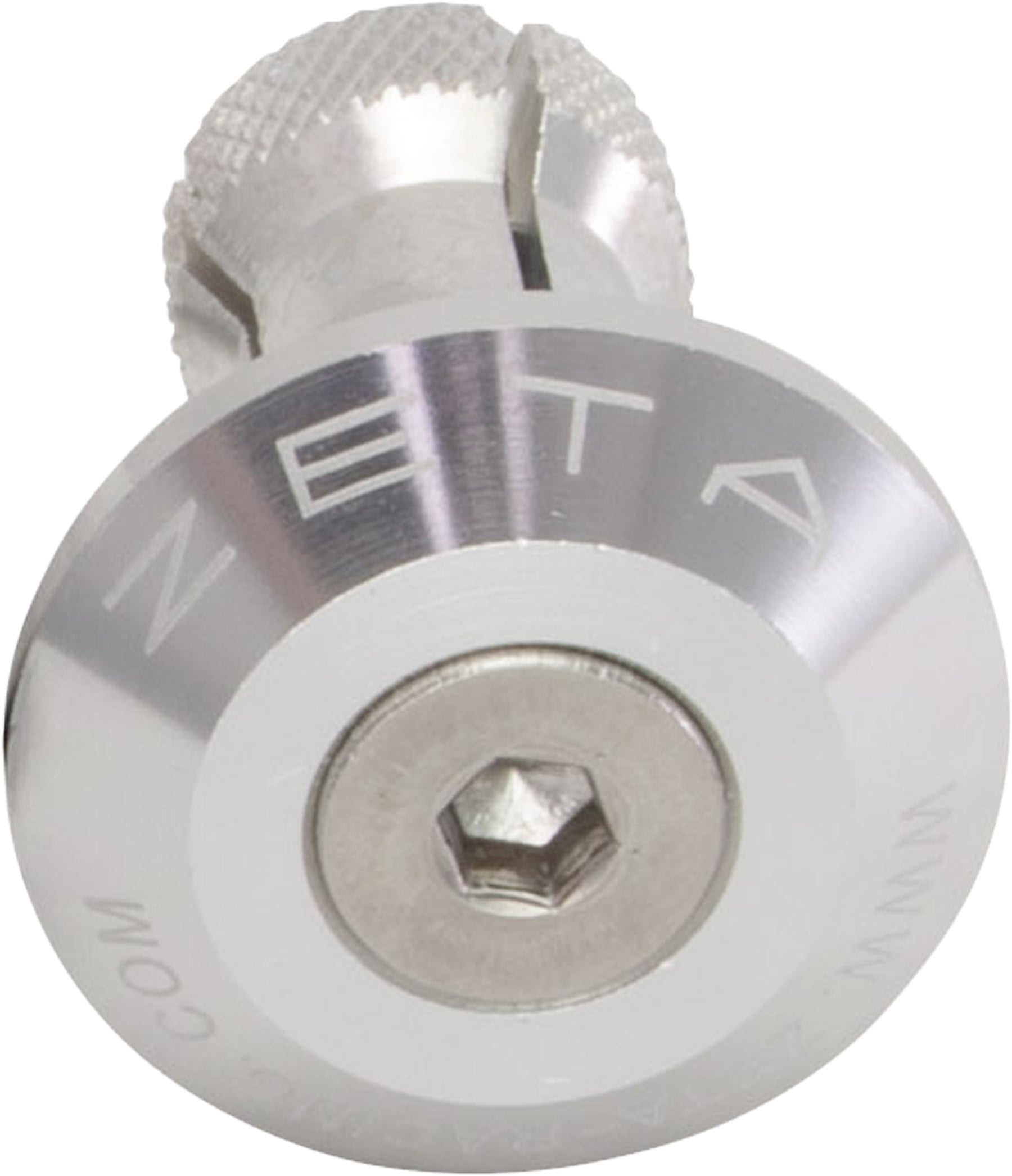 Silver ZETA ZE48-7001 motorcycle handlebar end plug with aluminum hardware, shown installed on a motorcycle handlebar.