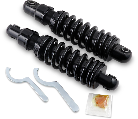 Drag Specialties shocks for Harley FXD, black 10.5-inch premium motorcycle shocks, shown in the image.