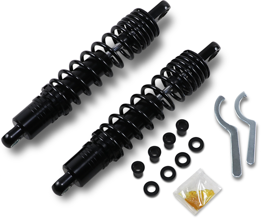 Black DRAG SPECIALTIES SHOCKS premium ride-height adjustable shocks, 13.5 inches tall, designed for motorcycle suspension.