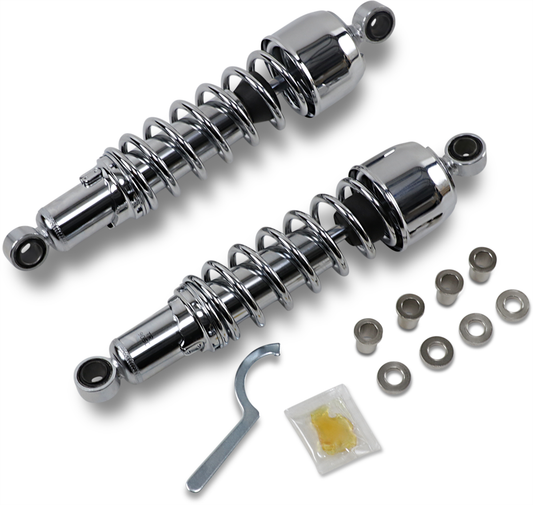 Chrome Drag Specialties shock absorbers for Harley-Davidson, 13-inch replacement shocks with model C16-0133NU, shown in image.