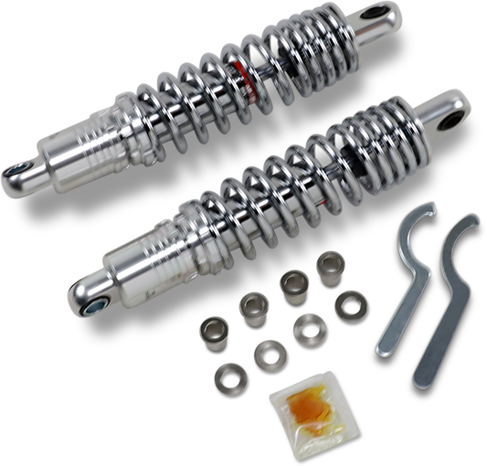 Chrome DRAG SPECIALTIES SHOCKS premium heavy-duty ride-height adjustable shocks, 12.5 inches long, for motorcycle suspension.