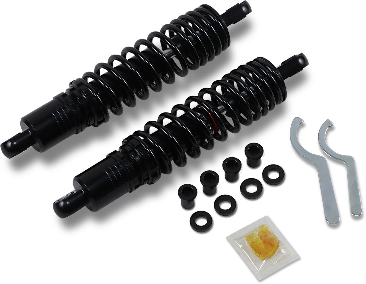 Black DRAG SPECIALTIES SHOCKS premium rear shocks, 12.5 inches, adjustable ride-height, heavy duty motorcycle shocks, C16-0167NUHB
