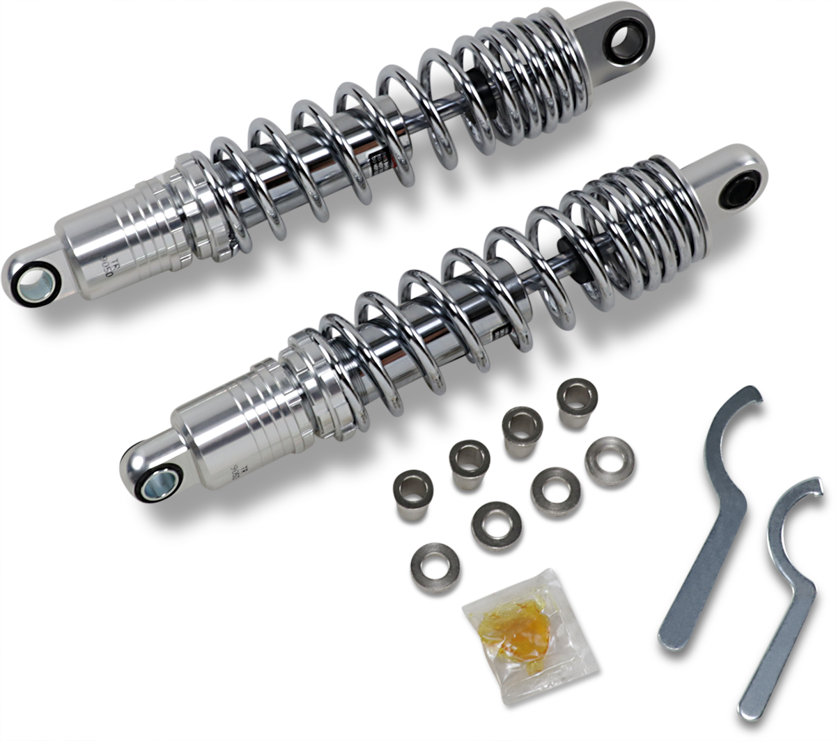 Heavy-duty chrome DRAG SPECIALTIES SHOCKS with 13.5-inch adjustable ride height, featuring a durable design for motorcycle suspension.