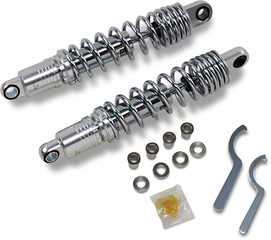 Heavy-duty chrome DRAG SPECIALTIES SHOCKS with 13.5-inch adjustable ride height, featuring a durable design for motorcycle suspension.