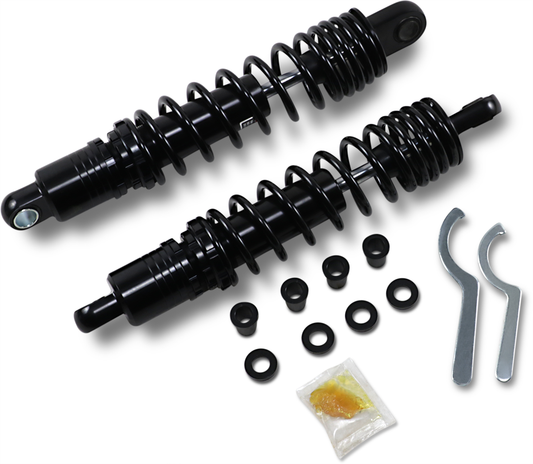 Black Drag Specialties C16-0168NUHB premium motorcycle shocks, 13.5-inch heavy-duty ride-height adjustable shocks.