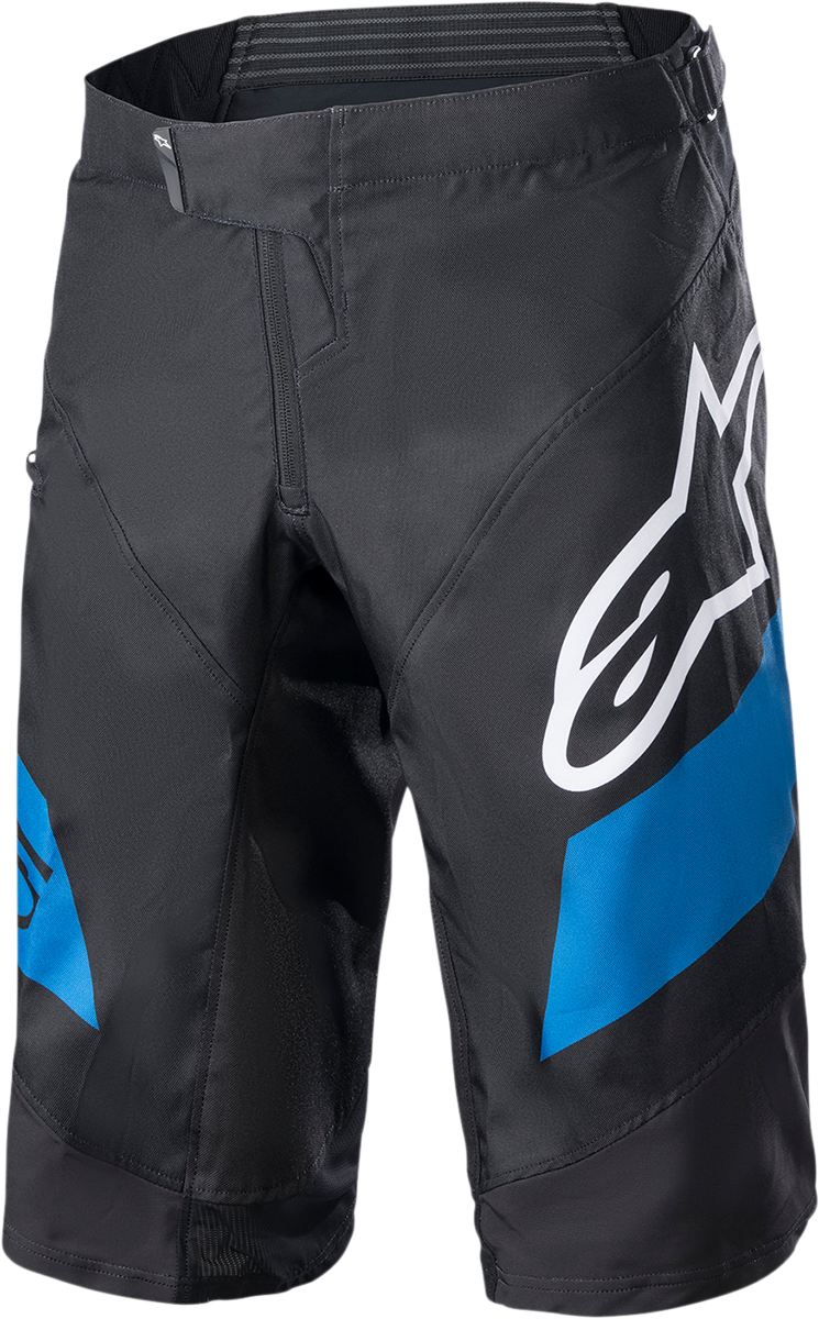 Black and blue Alpinestars Racer Shorts in US size 38, shown laid flat with visible branding and stitching details.
