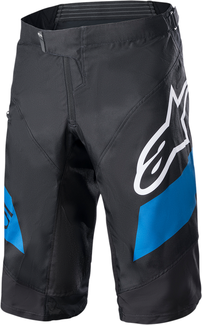 Black and blue Alpinestars Racer Shorts in US size 38, shown laid flat with visible branding and stitching details.
