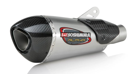 YOSHIMURA Alpha T Street exhaust slip-on with stainless steel and carbon fiber end caps, mounted on a motorcycle.