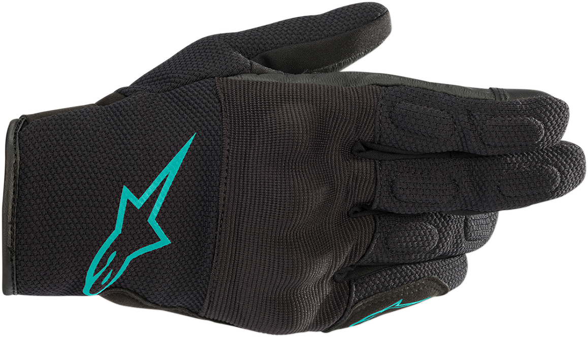 Alpinestars Women Stella S-Max Drystar gloves in black and teal, size XL, with textured fingers and adjustable wrist straps.