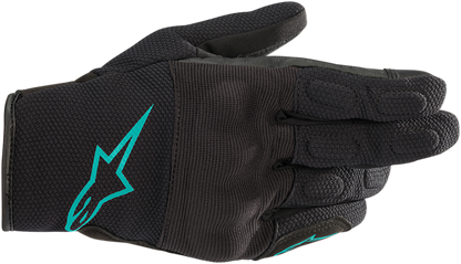 Alpinestars Women Stella S-Max Drystar gloves in black and teal, size XL, with textured fingers and adjustable wrist straps.