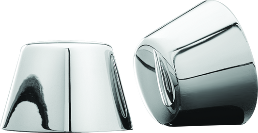 Kuryakyn chrome front axle nut caps for Harley Davidson and Sportster motorcycle models, shiny protective wheel accessory