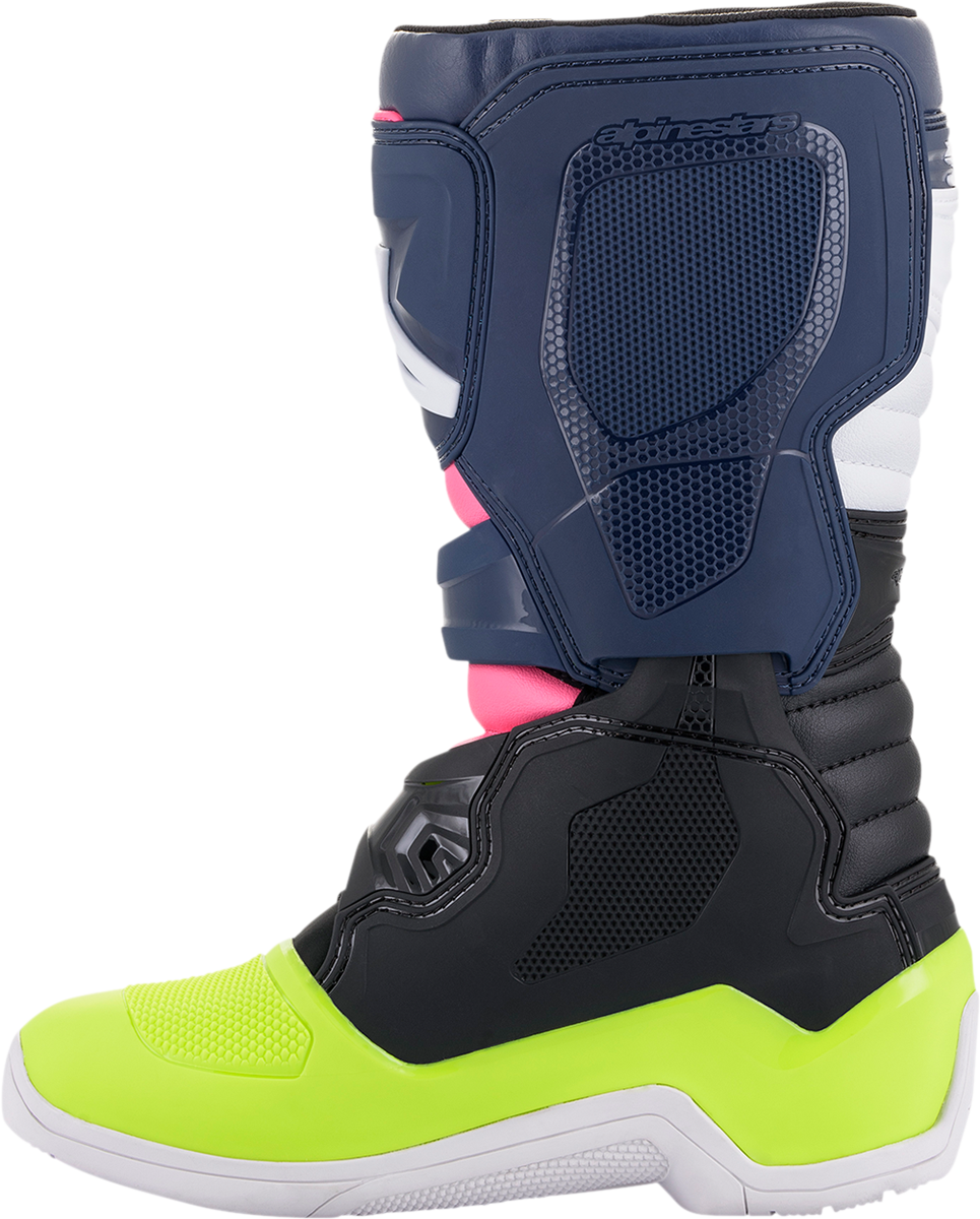 Alpinestars Tech 3S motorcycle boots in black, blue, pink, white, and yellow with US size 7, featuring protective design and sturdy construction.