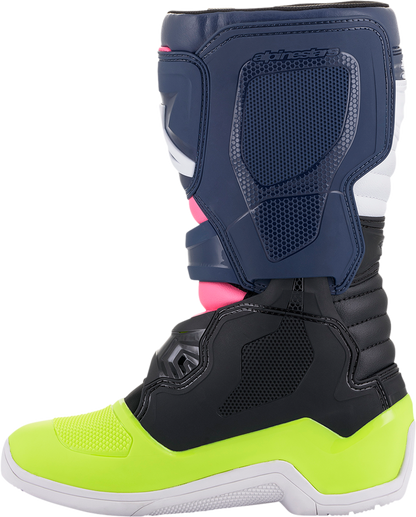 Alpinestars Tech 3S motorcycle boots in black, blue, pink, white, and yellow with US size 7, featuring protective design and sturdy construction.
