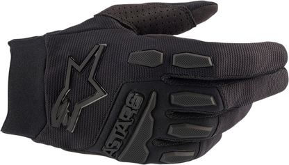 Alpinestars Full Bore gloves in black and black, medium size, showing the durable motorcycle glove with reinforced palms and knuckles.
