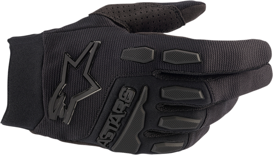Alpinestars Full Bore motorcycle gloves in black and black, medium size, with reinforced knuckles and textured palm for grip.