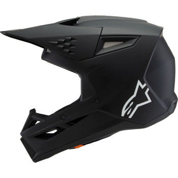 Youth ALPINESTARS SM3 helmet in matte black with solid design, small size, featuring a sleek, aerodynamic shape and ventilation ports.