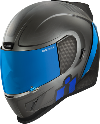 Blue ICON Airform™ Helmet Resurgent XS by Bill's Exhausts, featuring sleek design and lightweight construction for motorcycle riders.