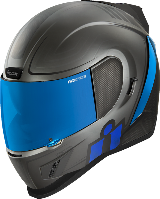 Blue ICON Airform™ Helmet Resurgent XS by Bill's Exhausts, featuring sleek design and lightweight construction for motorcycle riders.