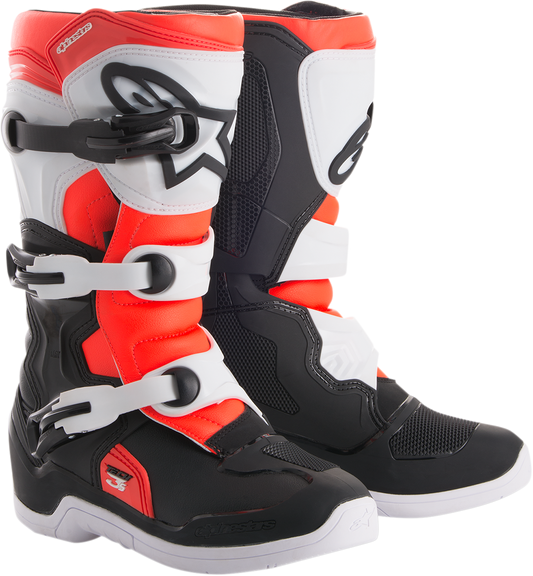 Alpinestars Tech 3S motorcycle boots in black, white, and fluorescent red with protective design and secure fastening.