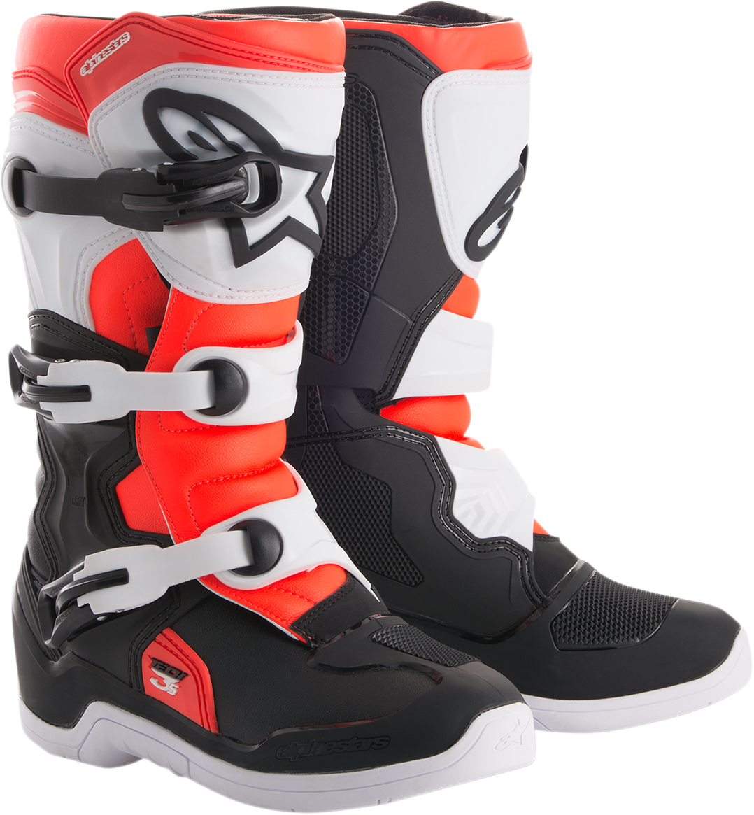 Alpinestars Tech 3S motorcycle boots in black, white, and fluorescent red with US size 4, featuring protective design and sturdy construction.