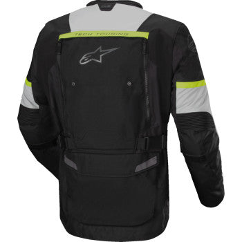 Alpinestars Bogota Pro Drystar jacket in dark black, ice gray, and yellow fluo with protective panels and reflective details.