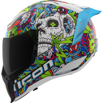Blue ICON Ultraflite Doodle 3 MIPS helmet in medium size, featuring a lightweight design and colorful graphic pattern.