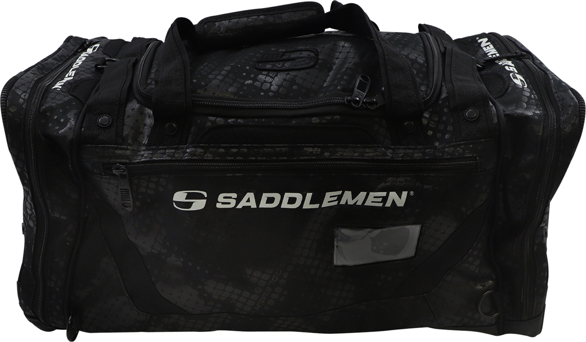 Bill's Exhausts SADDLEMEN DB3100 backrest bag mounted on motorcycle seat with straps and storage compartment.