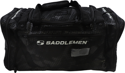 Bill's Exhausts SADDLEMEN DB3100 backrest bag mounted on motorcycle seat with straps and storage compartment.