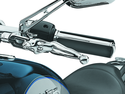 Chrome Kuryakyn Silhouette Levers for Harley Davidson models, featuring cable design and ergonomic shape for easy riding control.