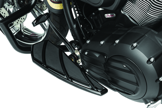 Kuryakyn Phantom shift and brake pegs in black for Indian Scout motorcycle, mounted on handlebars and foot controls.