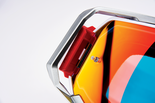 Bill's Exhausts 100% Armega Lightsaber Red Mirror Goggles with reflective red-tinted lenses for protective eyewear.