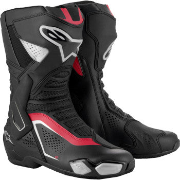 Alpinestars SMX-6 V3 black, silver, and red vented motorcycle boots with protective design and sturdy sole, US size 12.