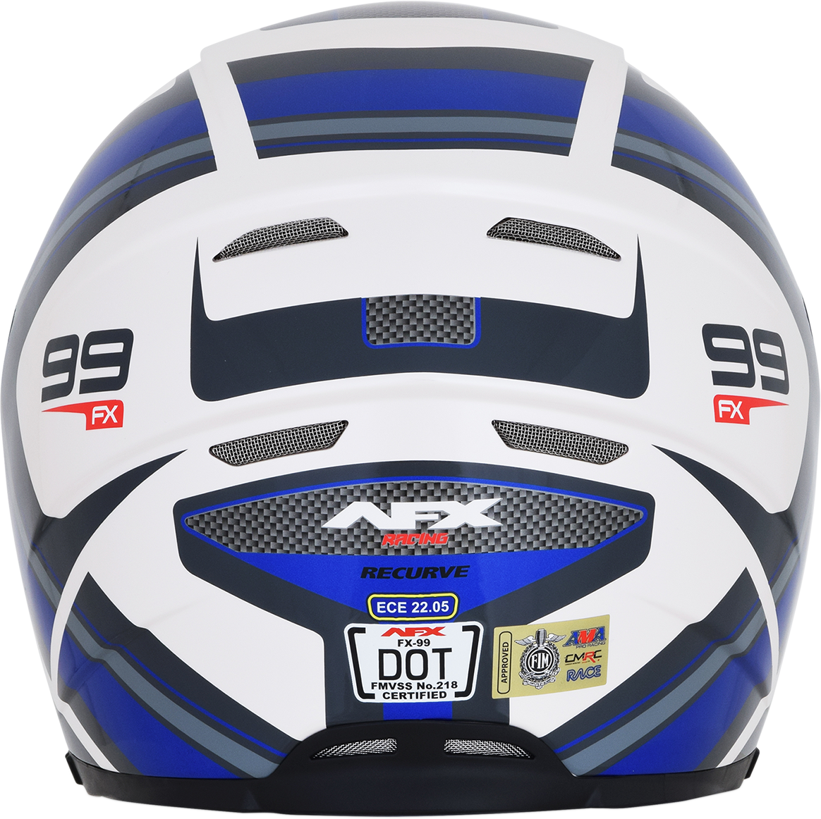Bill's Exhausts AFX FX-99 Recurve helmet in pearl white and blue, small size, with smooth aerodynamic design.