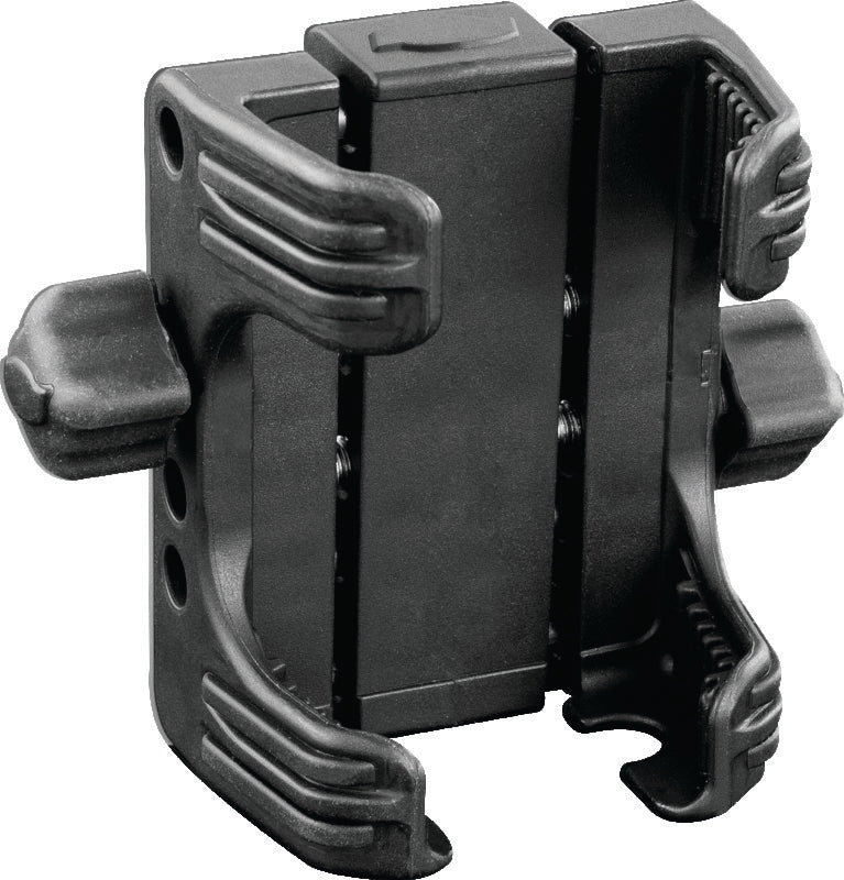 Kuryakyn Tech Connect device holder in black, designed for 1-5/8 to 3-5/8 inch wide handles, mounted on motorcycle handlebars.