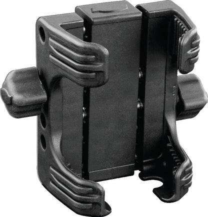 Kuryakyn Tech Connect device holder in black, designed for 1-5/8 to 3-5/8 inch wide handles, mounted on motorcycle handlebars.