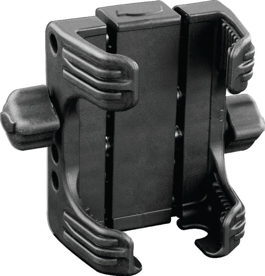 Kuryakyn Tech Connect device holder in black, designed for 1-5/8 to 3-5/8 inch wide handles, mounted on motorcycle handlebars.