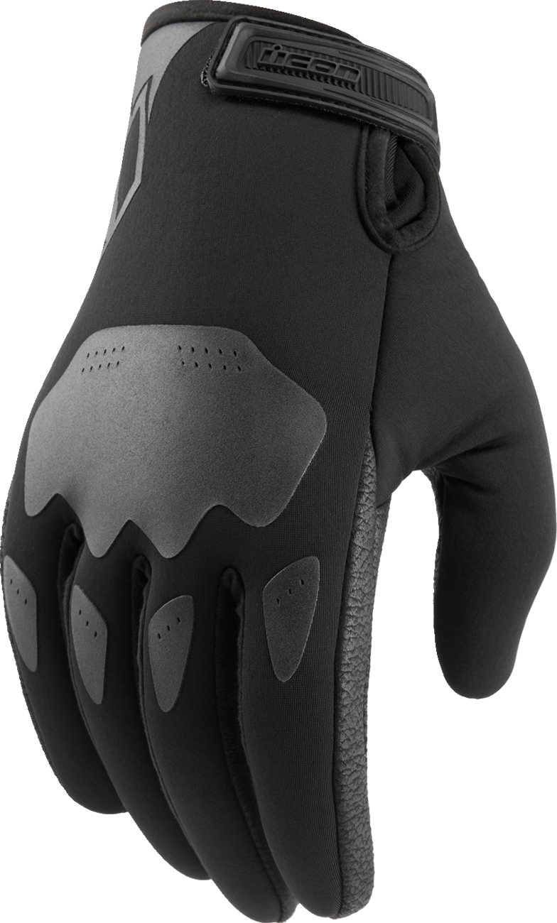 Black ICON Hooligan™ insulated gloves in XL size, showing the textured exterior and snug fit for cold weather protection.
