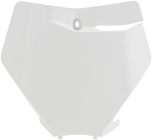 Acerbis front number plate in white for bikes, featuring sleek body design and the Acerbis logo, mounted on motorcycle.