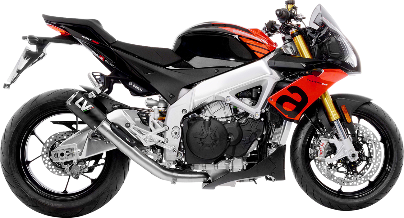 Leovince LV Corsa carbon fiber motorcycle muffler for Aprilia RSV4 1100 2021-2024, showcasing sleek design and exhaust outlet.
